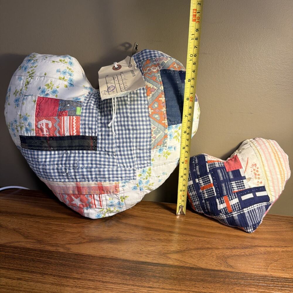Handmade Quilt HEART PILLOWs Rustic Vintage (some Flaws In Pictures Of Big One)
